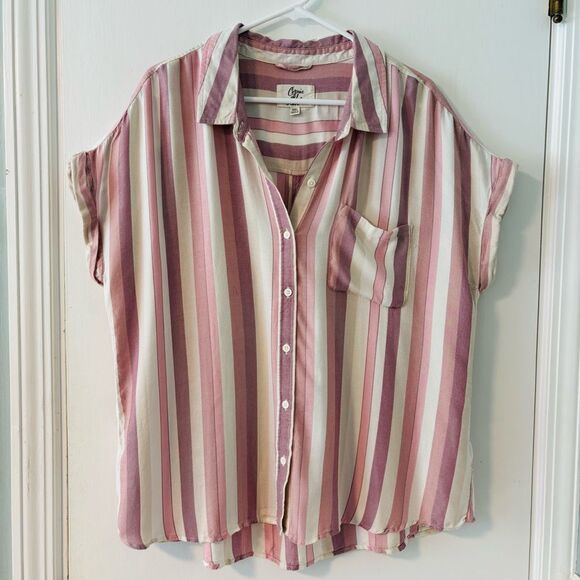 Cosmic Blue Love XXL soft Pink beige Stripe Button  front Pocket Short Sleeve Sh - Picture 1 of 10